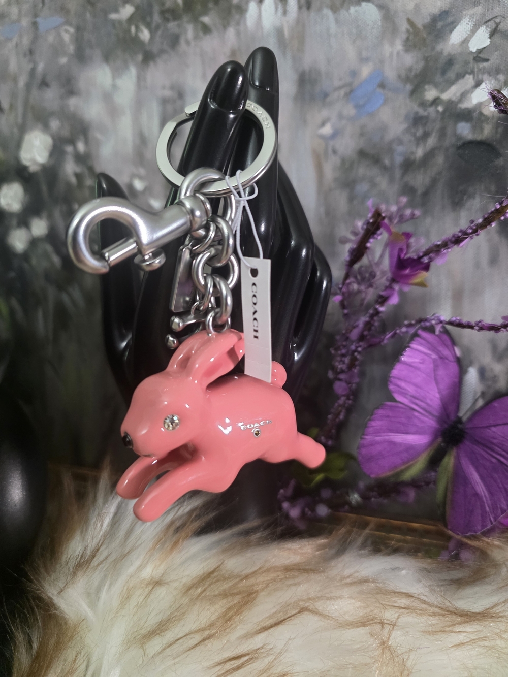 Auth NWT Coach Pink Bunny Charm Keychain - Pink Rabbit Accessory
